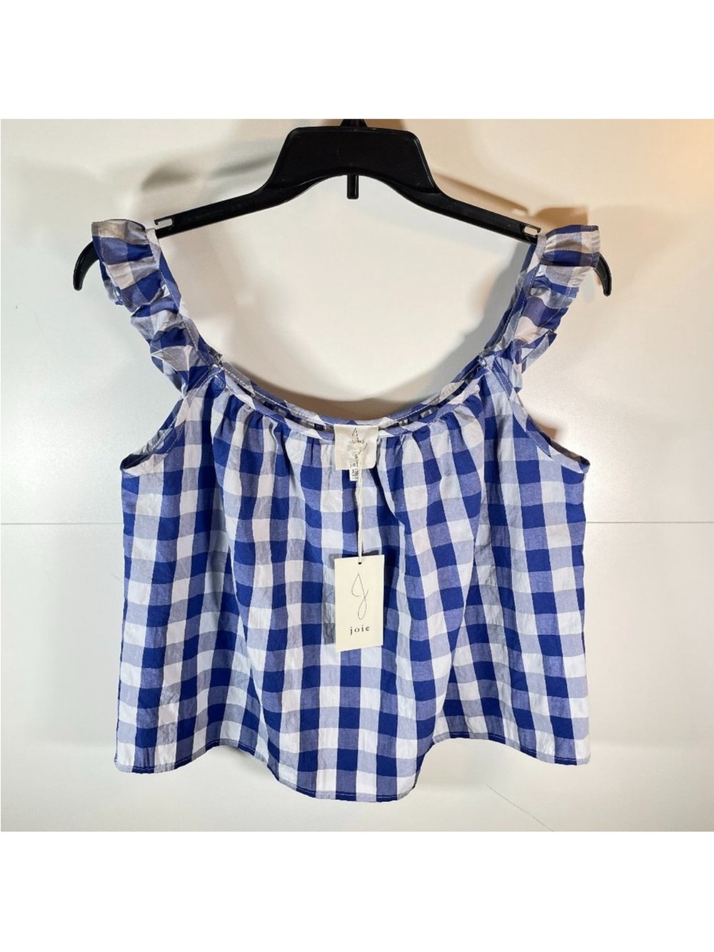 Joie Blue and White Gingham Ruffle-Strap Crop Tank